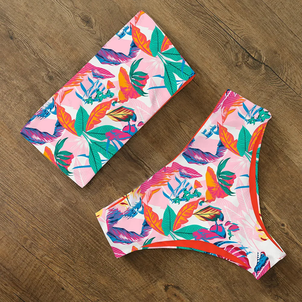 High Waist Bikini Set - Cross Back Bandeau Swimsuit with Print