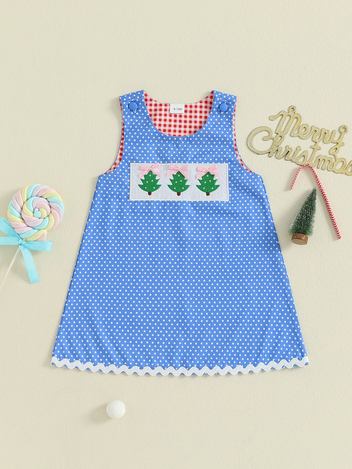 Girls' Christmas Tank Dress - Sleeveless Plaid Dress with Embroidered Tree Design