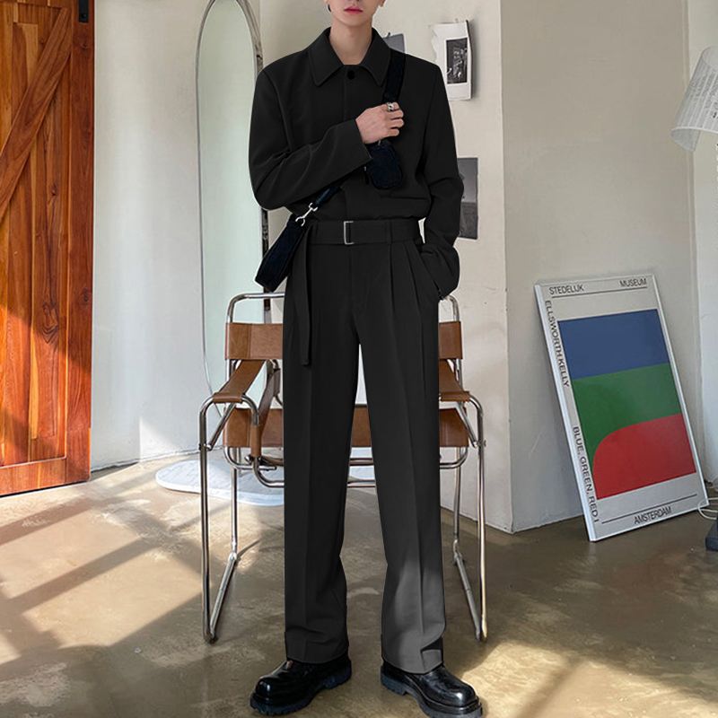 Men's Lapel Long Sleeve Pockets Jumpsuit With Belt S-5XL