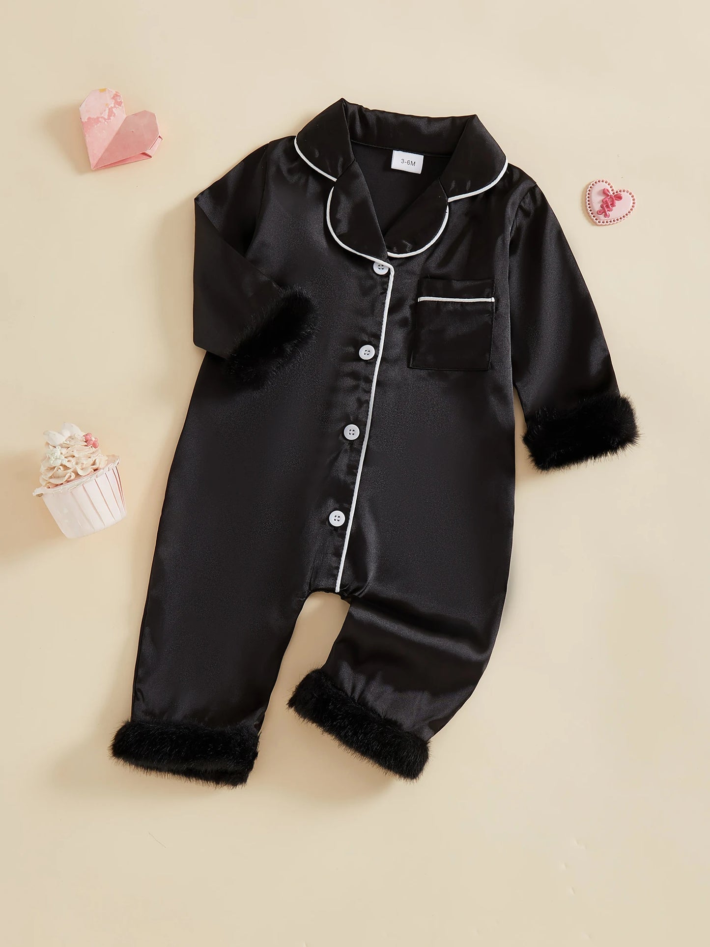 Baby Satin Pajama Romper - Fur Trim Button Down with Lapel