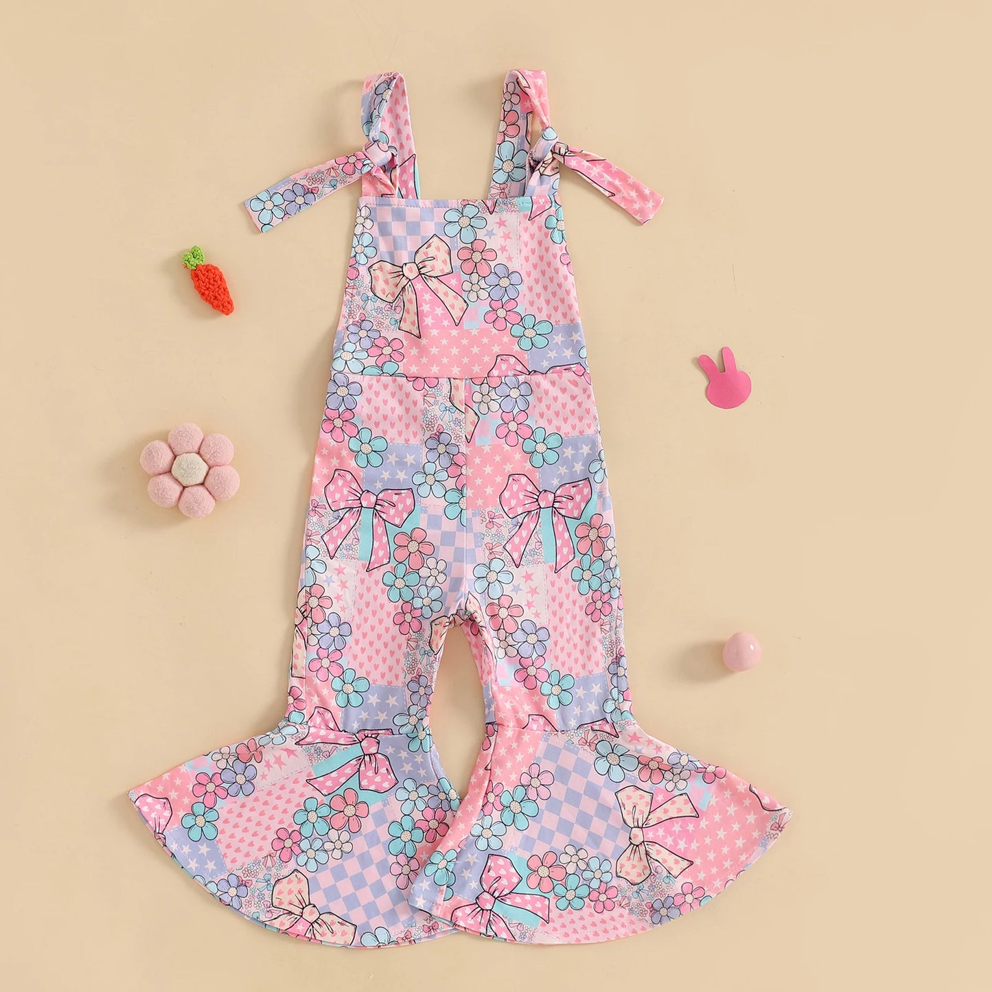 Girls' Easter Romper Pants - Sleeveless Floral Rabbit Print Suspender Jumpsuit