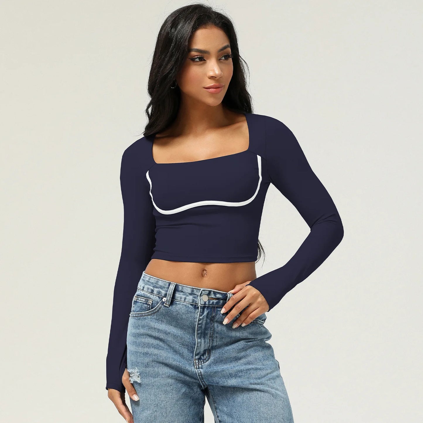 Women's Long Sleeve Yoga T-Shirt Square Neckline Gym Top Breathable Workout Running Crop Top Sportswear