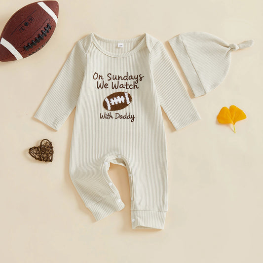 Newborn Baby Football Romper with Hat - Letter Embroidery Long Sleeve Full Length Jumpsuit