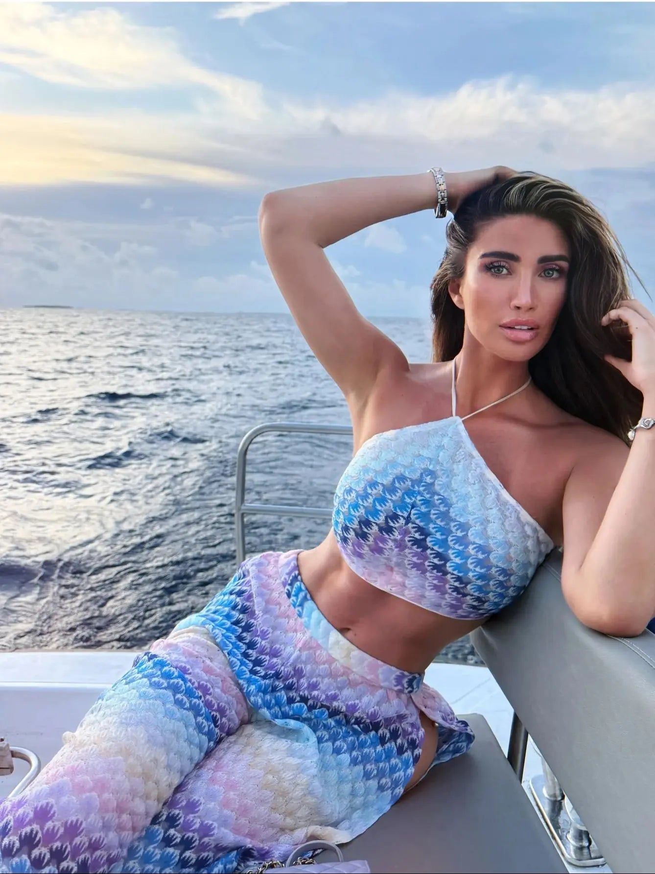 2-Piece Halter Print Set - Tube Top with Mesh Split Pants