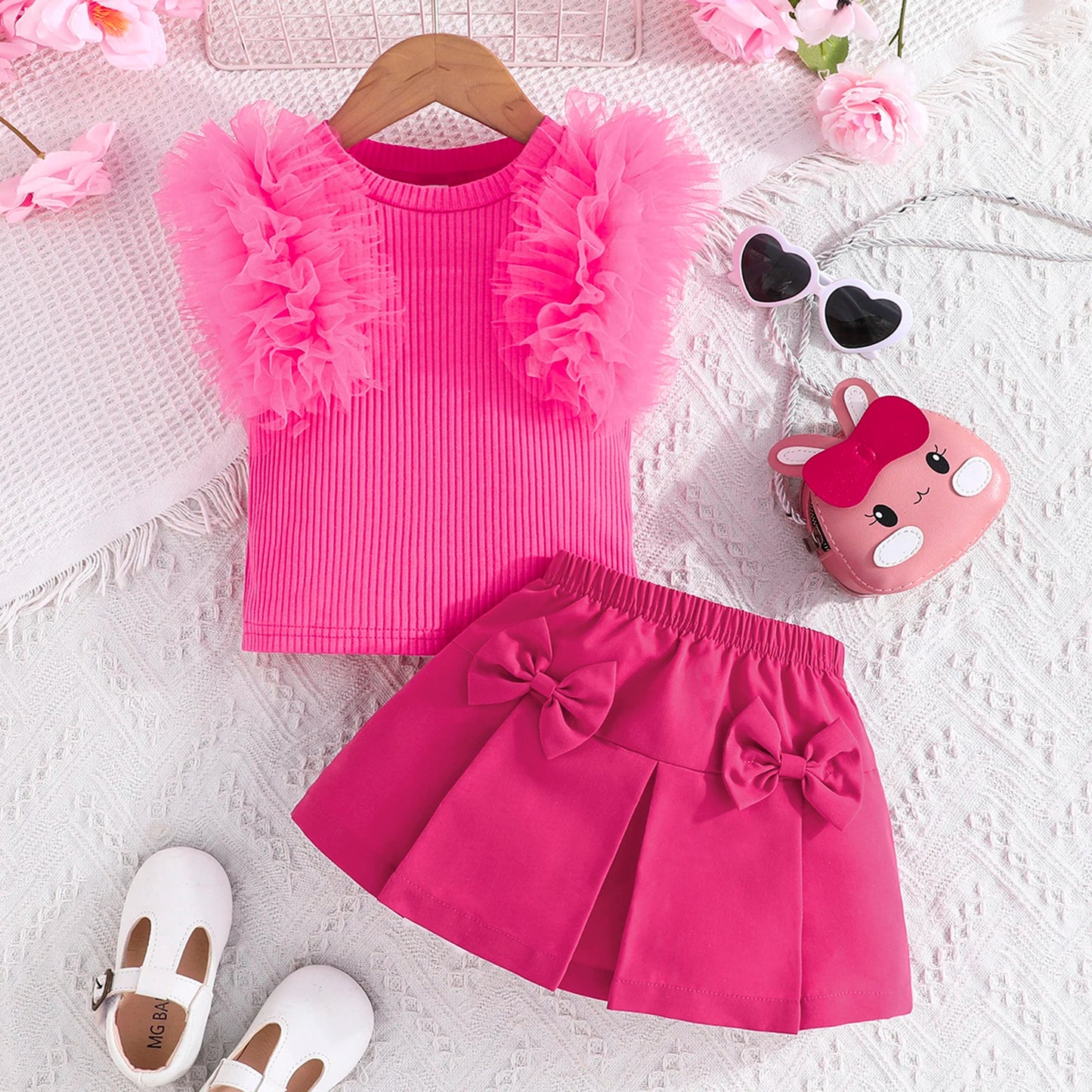 Baby Girls Summer Clothes Set - Tulle Ruffled Tank Top & Bow Pleated Skirt