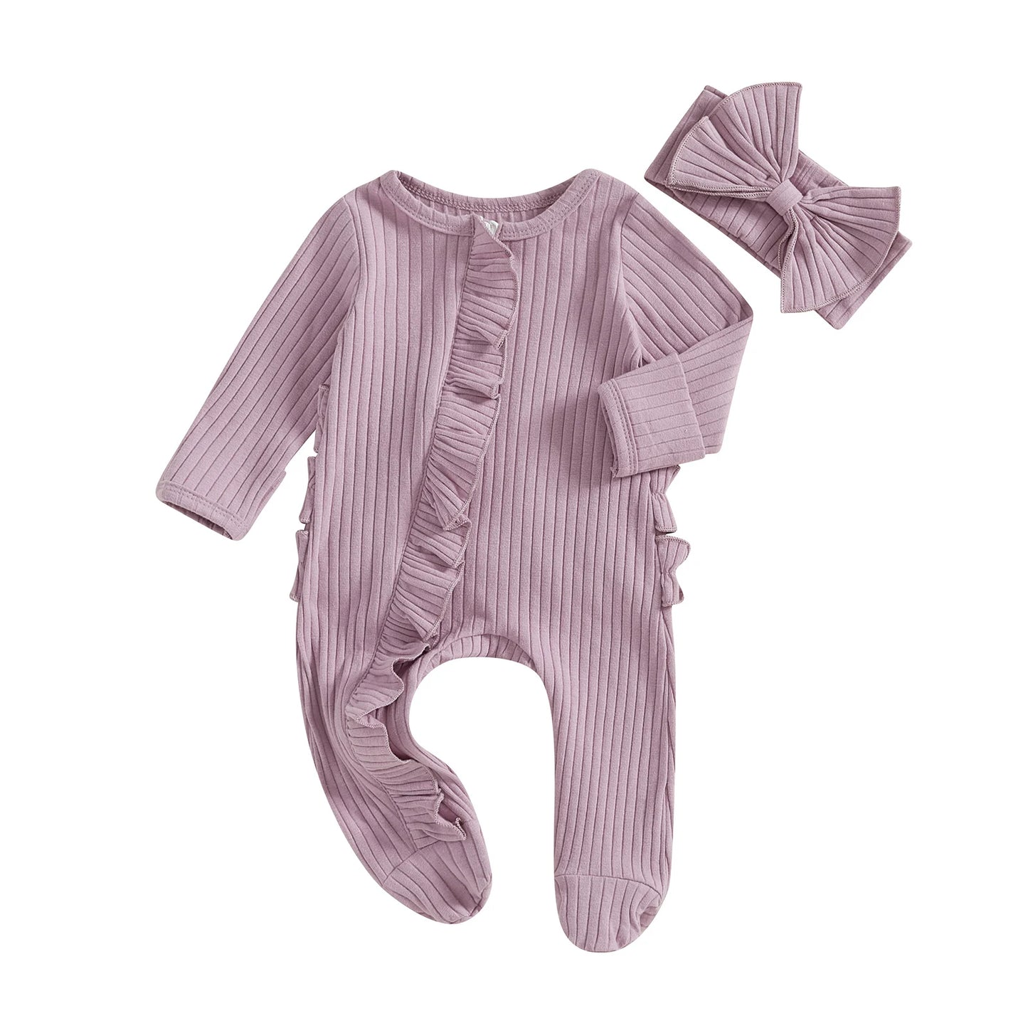 Newborn Baby Romper Set - Solid Ribbed Ruffle Trim Zipper Footed Jumpsuit & Bow Headband
