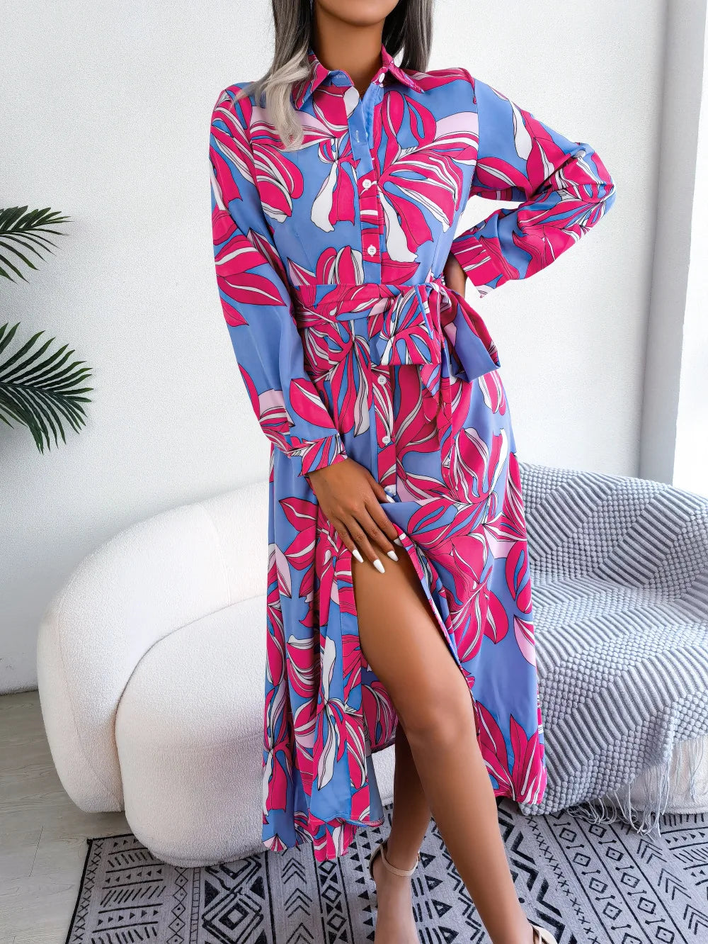 Women's Spring Summer Contrast Floral Polo Collar Lace Up Shirt Single Breasted Long Dress