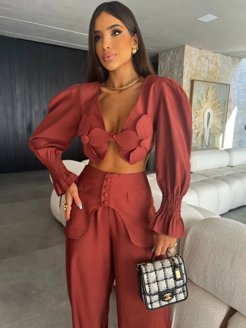 Women's Two Piece Set With Pants Summer Long Sleeve Short Top Wide Leg Pants Set