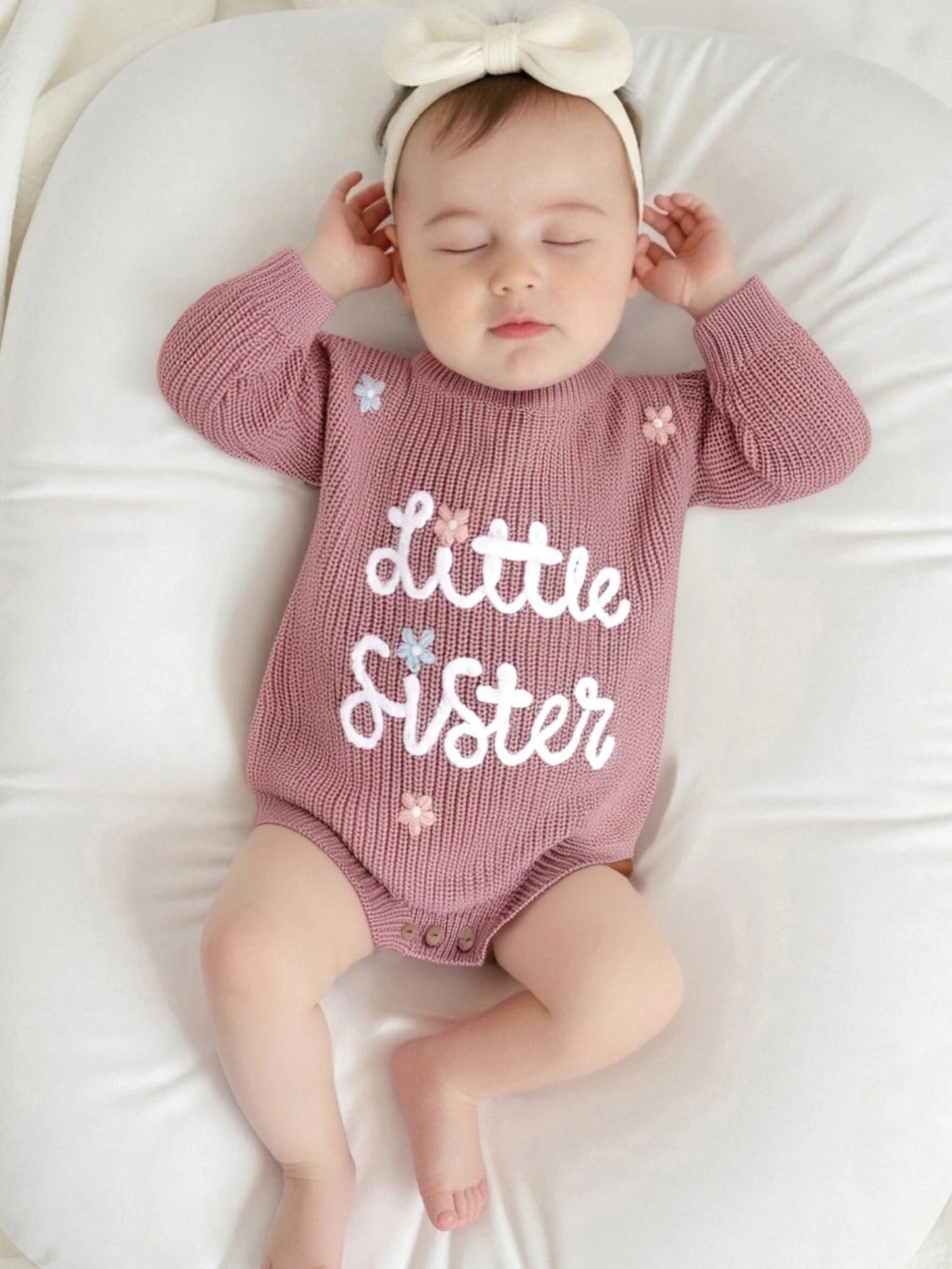 Newborn Baby Sweater Romper - Letter Floral Embroidery Round Neck Knit Jumpsuit