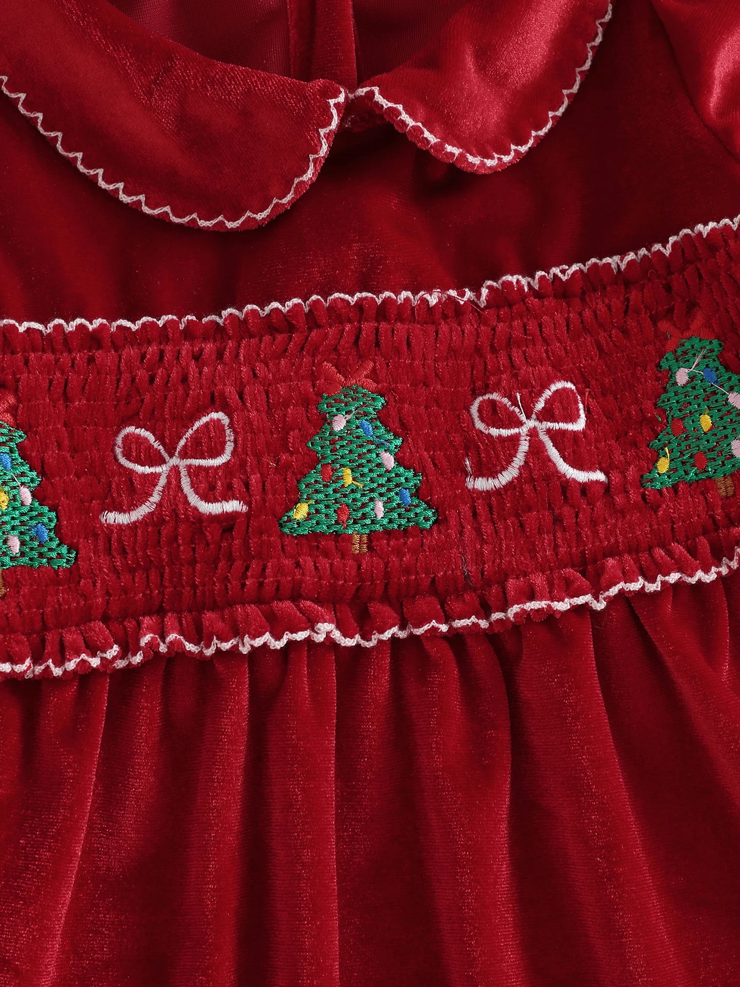 Lovely Kids Girls Christmas Velvet Dress - Xmas Tree Embroidery Doll Collar A-Line (0-4Y)