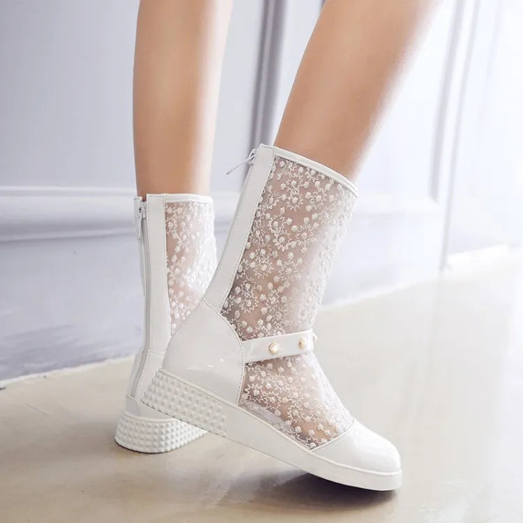 Women's Leather Splicing Mesh Pearl Metal Decoration Zipper Ankle Boots