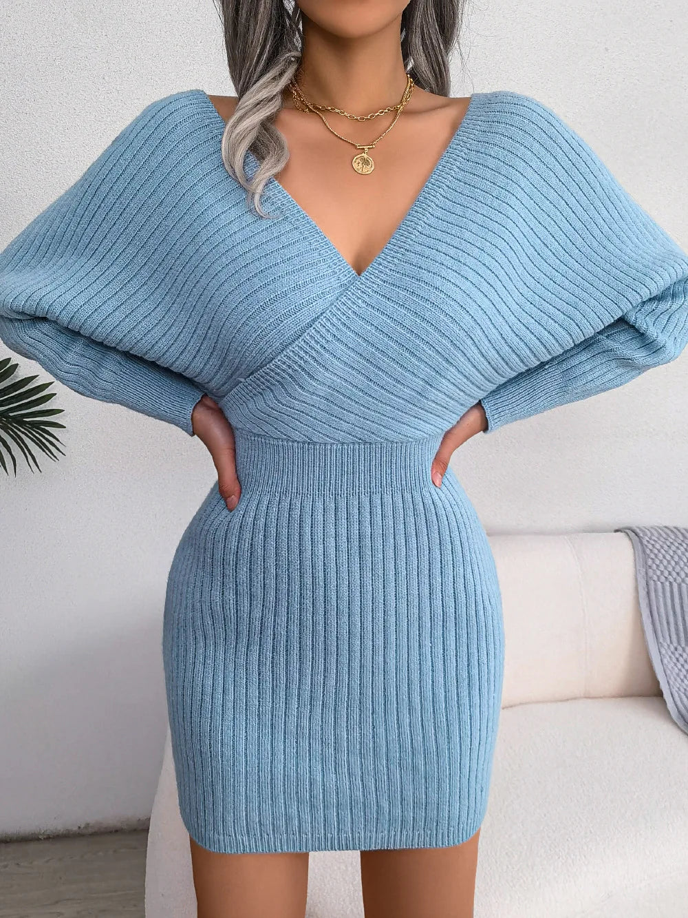 Women's Autumn Winter Cross V Neck Batwing Sleeve Casual Wrap Hip Woollen Dress