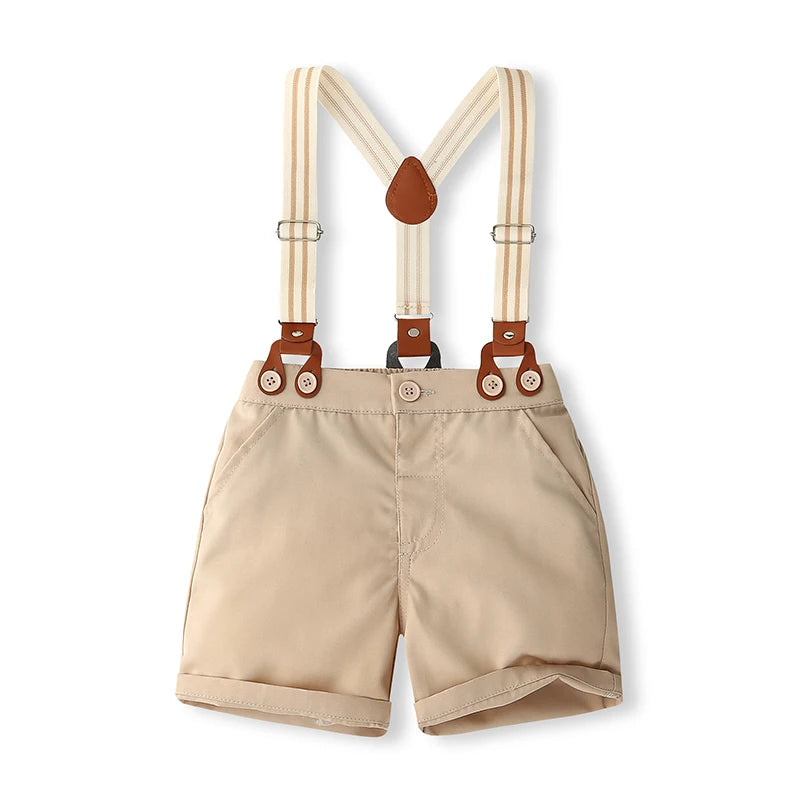 1-5Y Toddler Kids Boys Clothes Set 2pcs Solid Color Short Sleeve Button Shirt with Suspend Shorts Gentleman Outfit