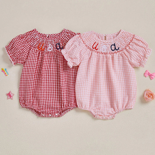 Baby Girls Independence Day Rompers - 3 Colors Letter Embroidery Plaid Print Short Sleeve Jumpsuits