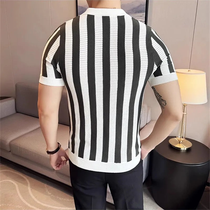 Men's Summer Striped Knit Lightweight Slim Fit Turn Down Collar Short Sleeve Shirt