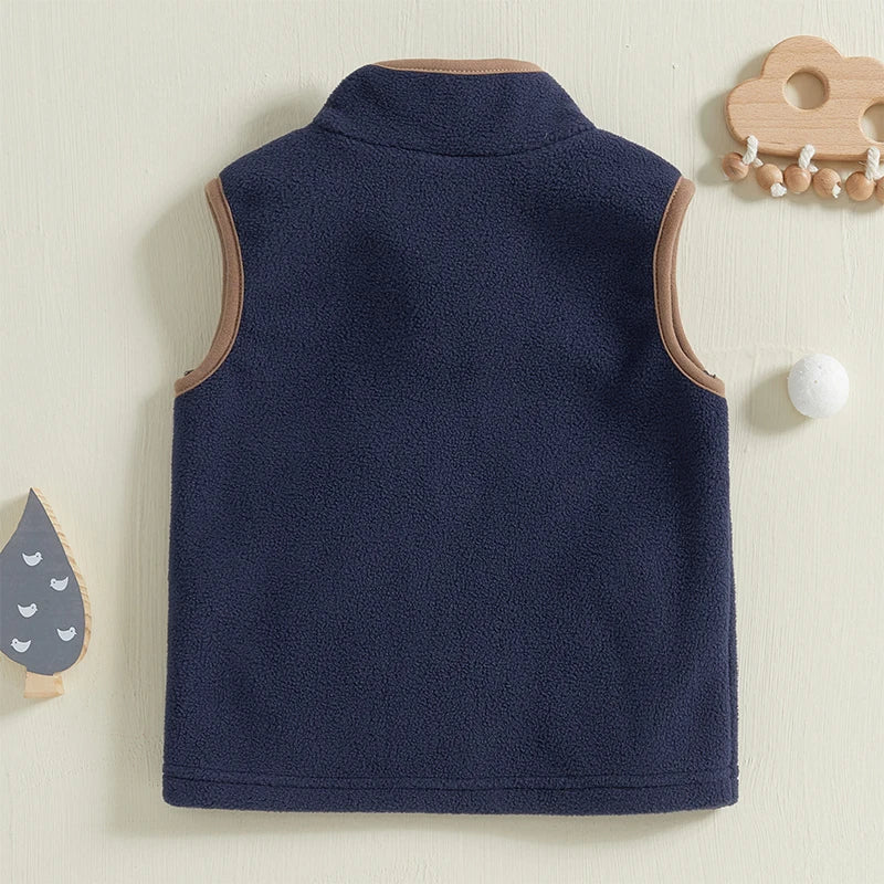 Toddler Boy's Autumn Vest - Sleeveless Zip-Up Tractor Embroidery Fleece Jacket