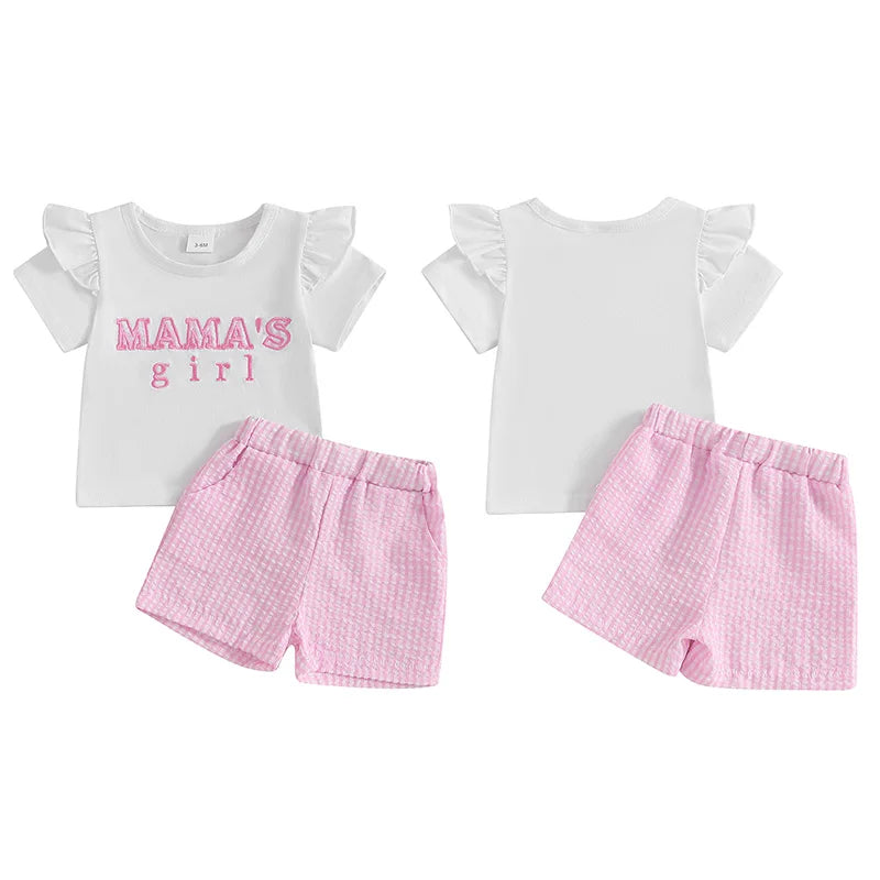 Baby Girls Summer Outfit Set - Letter Embroidery T-Shirt & Plaid Shorts (0-3Y)