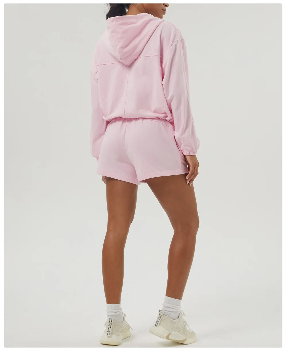 Women's Gym Running Suit Breathable Two Pieces Fitness Yoga Set Long Sleeve Hoodie Shorts Workout Sportswear