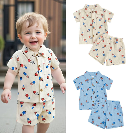 0-4Y Kids Boys American Flag Colours Print Clothes Sets Ice Cream Print Lapel Button Down Short Sleeve Shirt with Shorts
