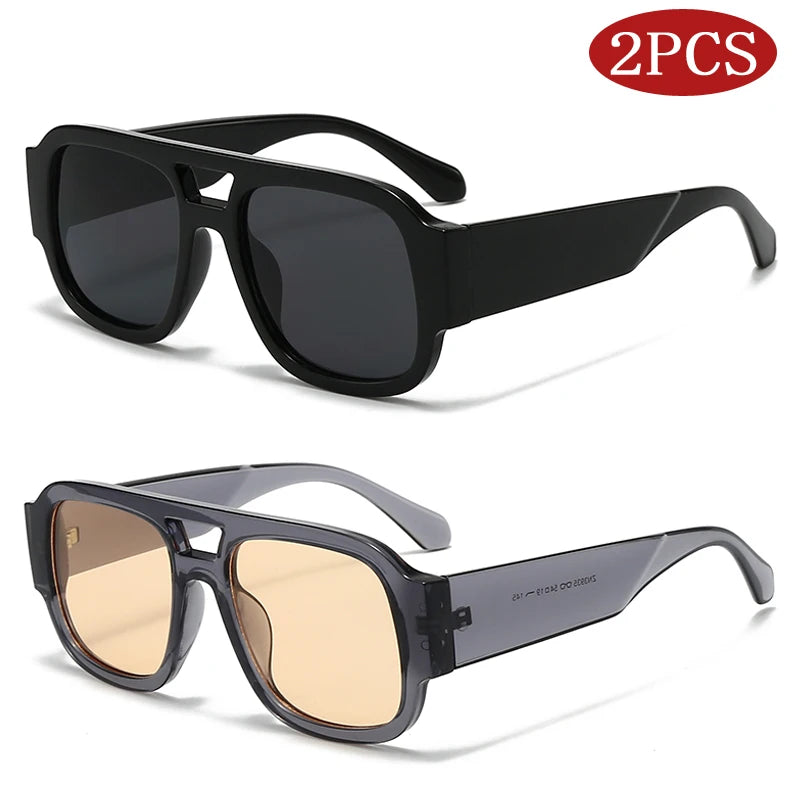2-Piece Square Sunglasses Set - Large Frame Double Bridge Retro Style