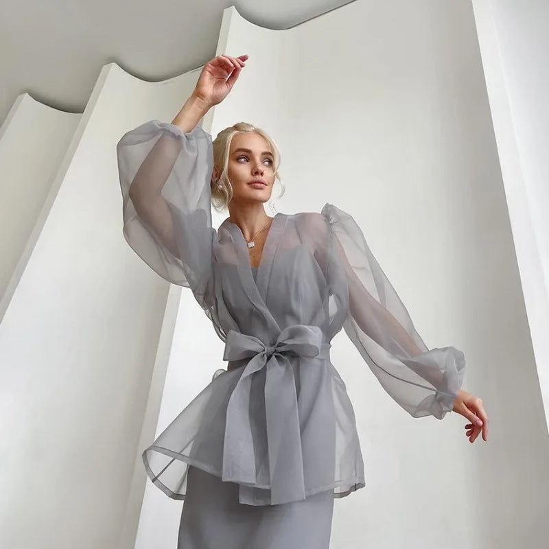 Sheer Mesh V-Neck Cover-up Shirt for Women Loose Long Sleeve Lace-up See-through Bandage Outfit