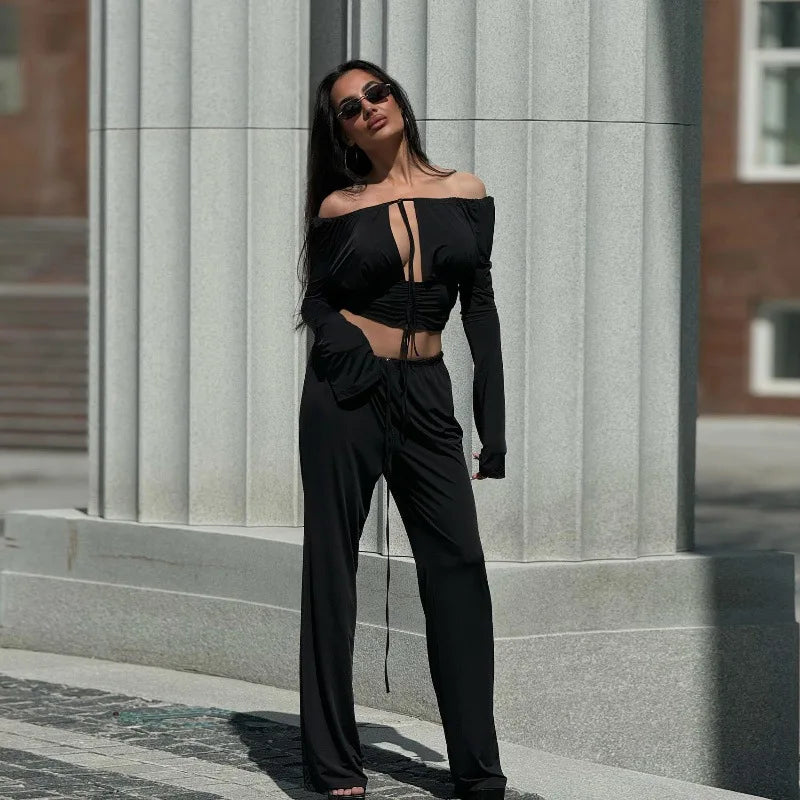 Women's Off Shoulder Tie Front Cropped Top with Cut Out Detail