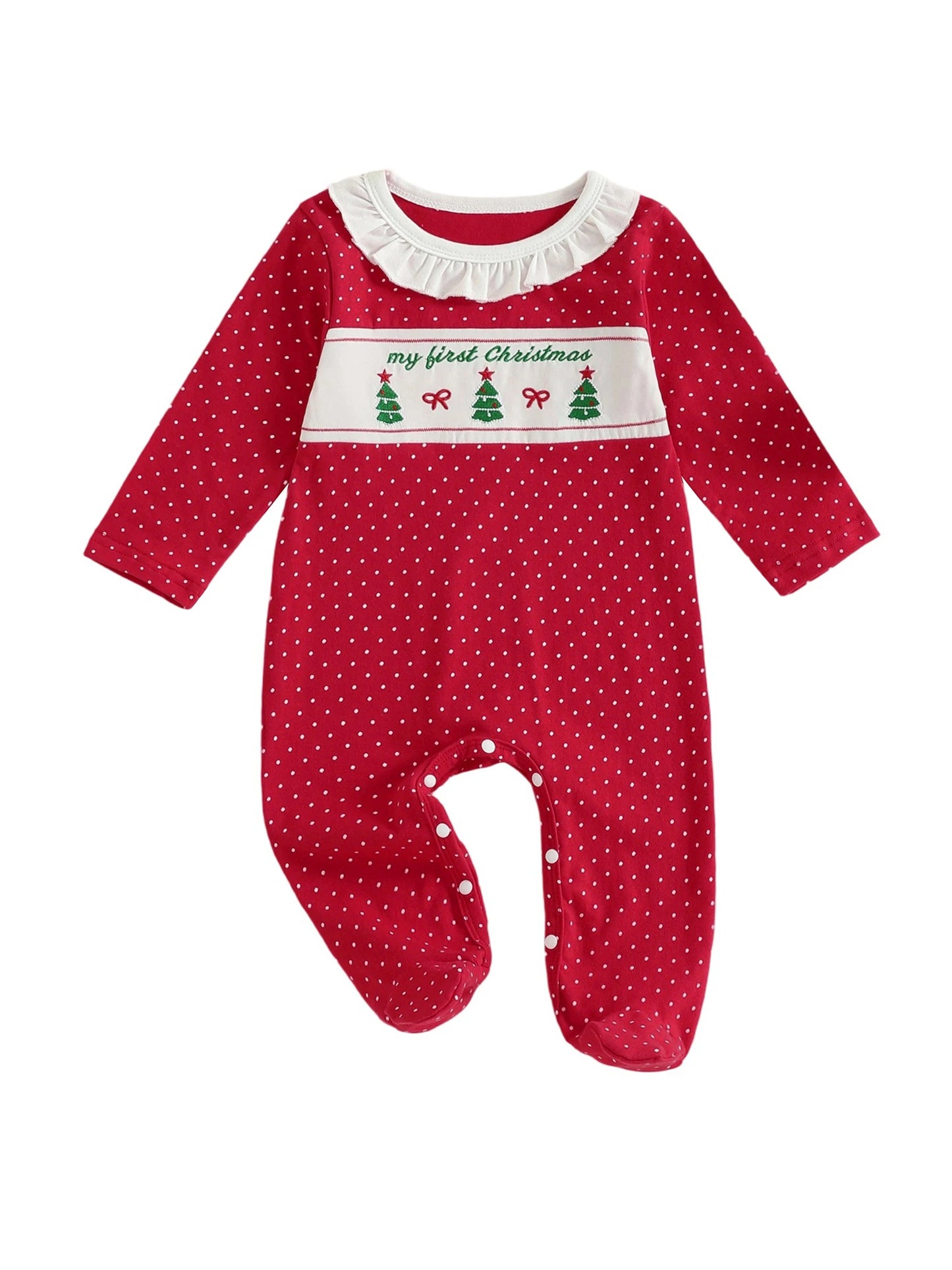 Newborn Baby Girls Christmas Footed Romper - Tree Embroidery Dot Print (0-12M)