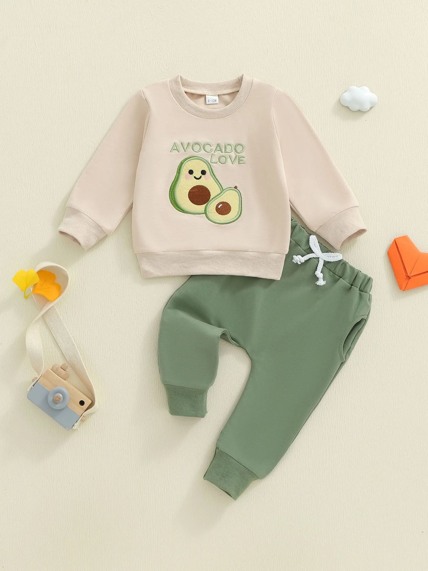 Infant Baby Boys Fall Winter Clothes Set - Fruit Letters Embroidery Long Sleeve Pullover Sweatshirt & Solid Pants