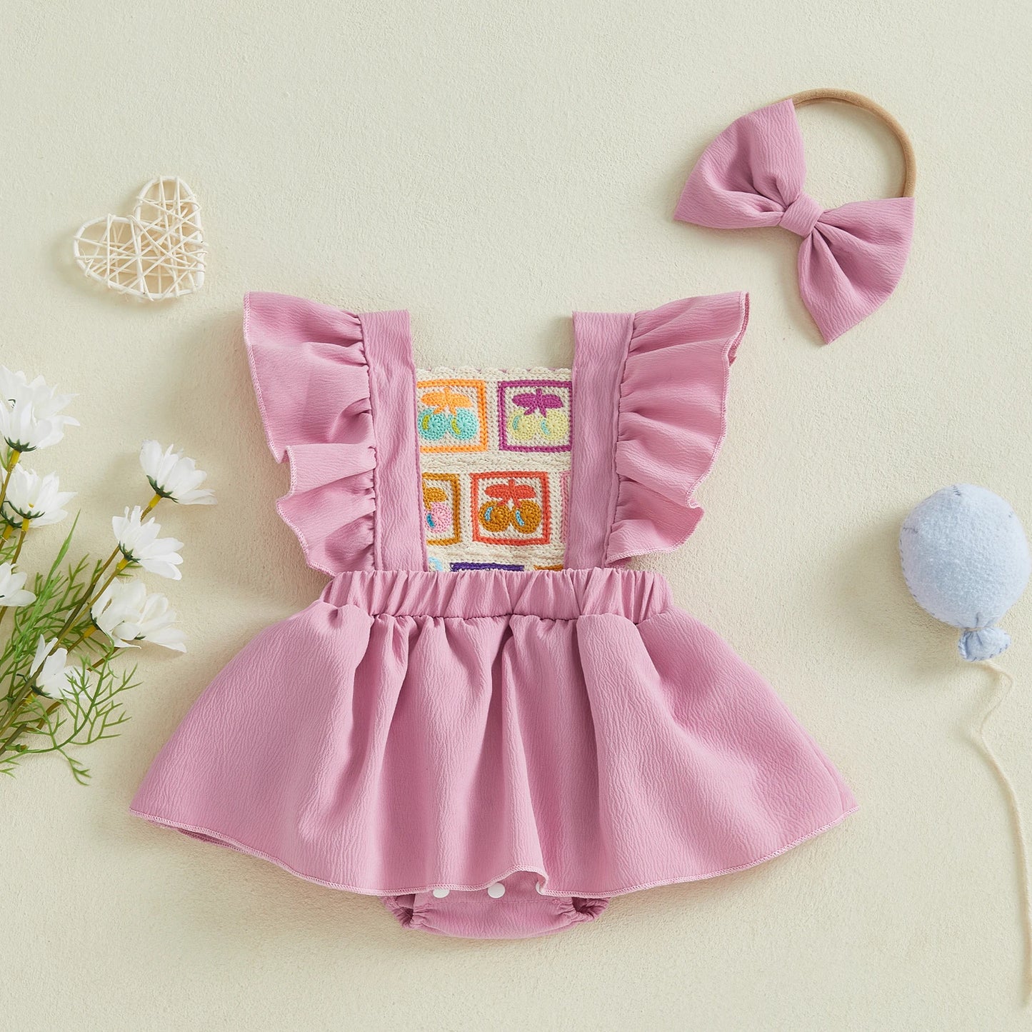 0-18M 2pcs Baby Girls Rompers Dress Cherry Embroidery Ruffles Fly Sleeve Skirt Hem Jumpsuits with Headband