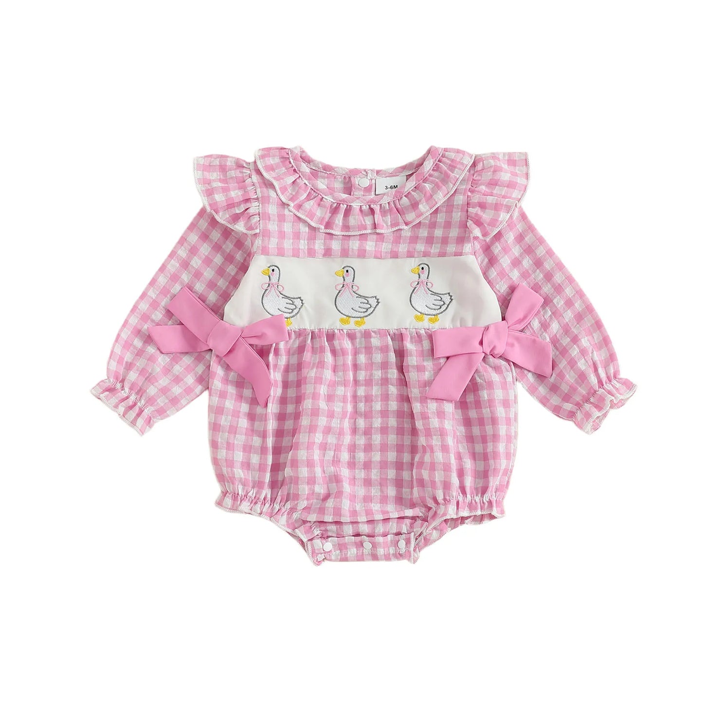 Baby Girls Plaid Bubble Romper - Duck Embroidery Long Sleeve Jumpsuit (0-18M)