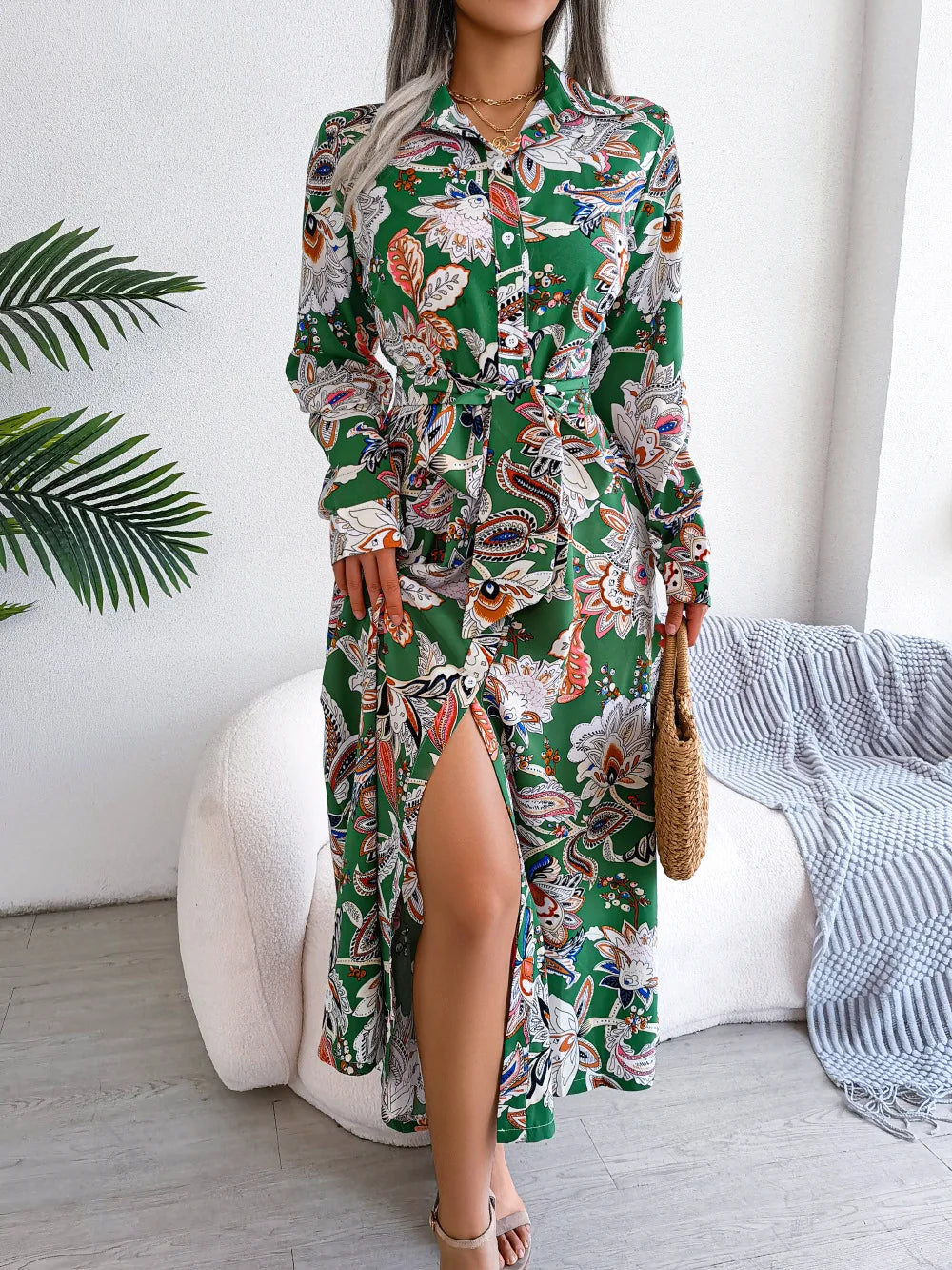 Women'S Spring Summer Retro Floral Collar Long Sleeve Tie Up Shirt Dress