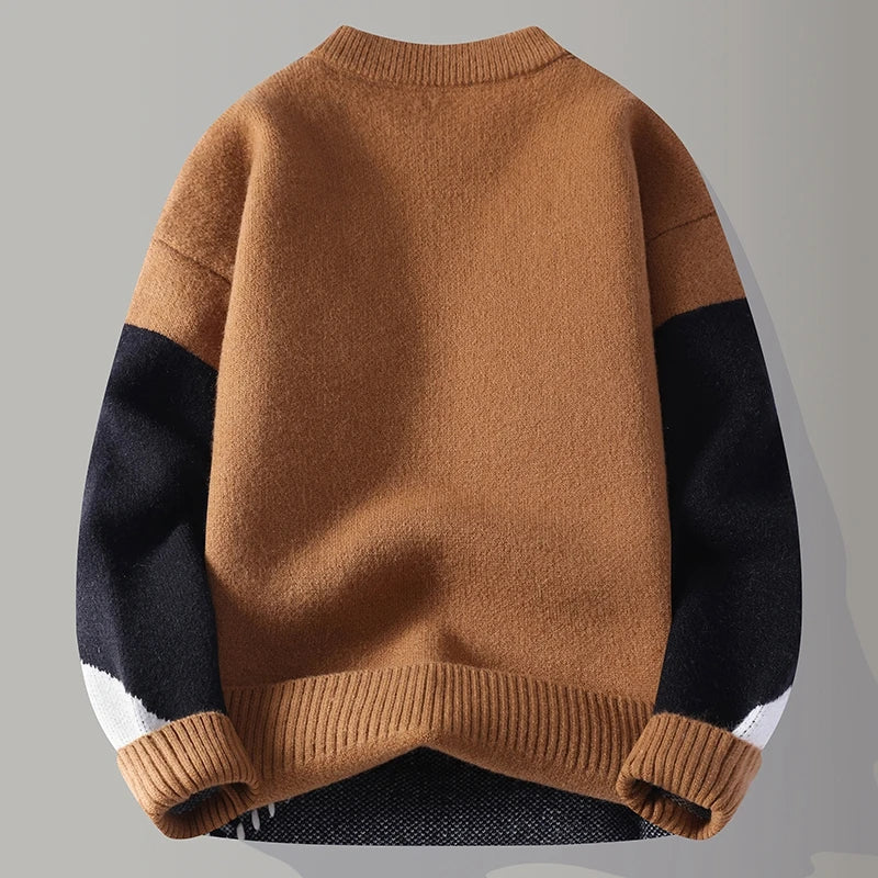 Men's Autumn Winter Patchwork O-Neck Knit Sweater - Casual Warm Pullover