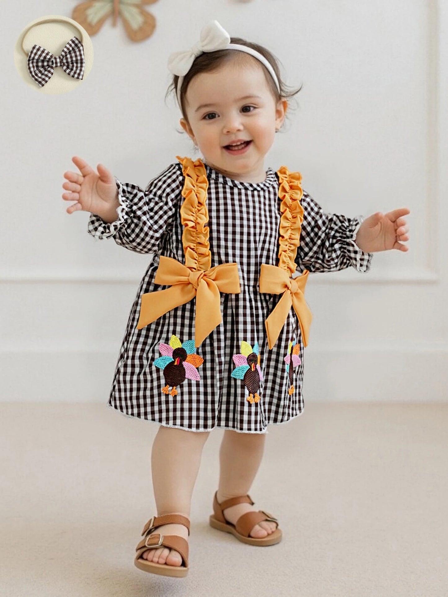 Baby Girls Thanksgiving Romper Dress with Headband - Turkey Plaid Ruffle Long Sleeve Jumpsuit