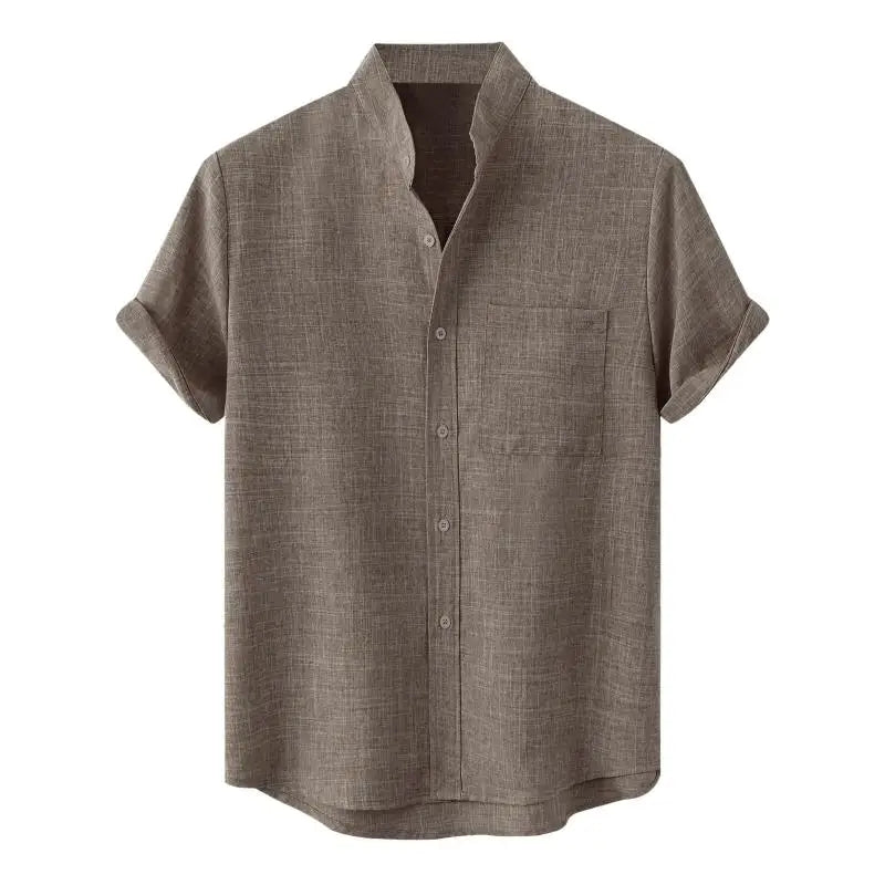Men's Cotton Linen Short Sleeved Breathable Stand Collar Single Breasted Shirt