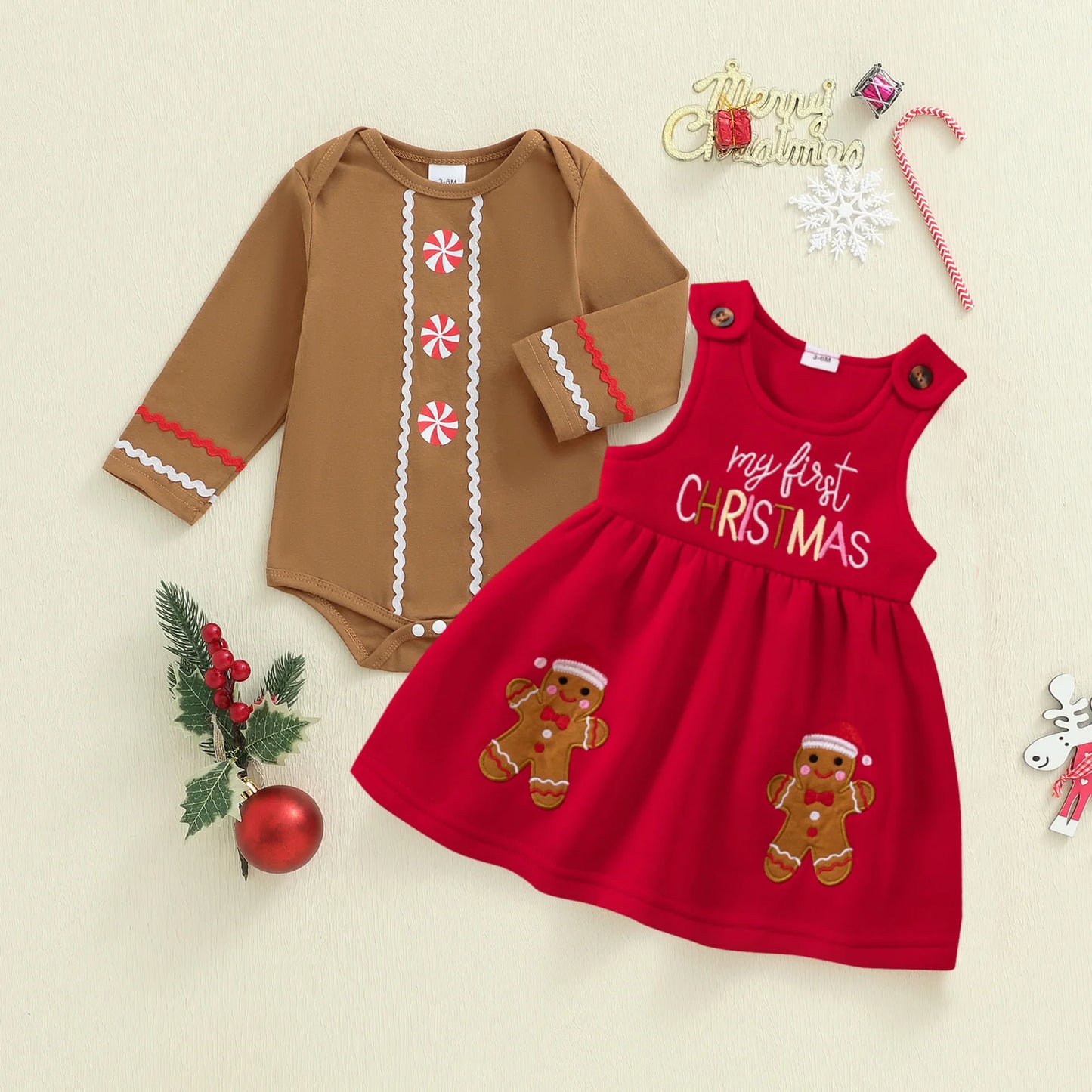 Baby Girls Christmas Clothes Set - Long Sleeve Romper & Gingerbread Man Embroidery Overalls Dress