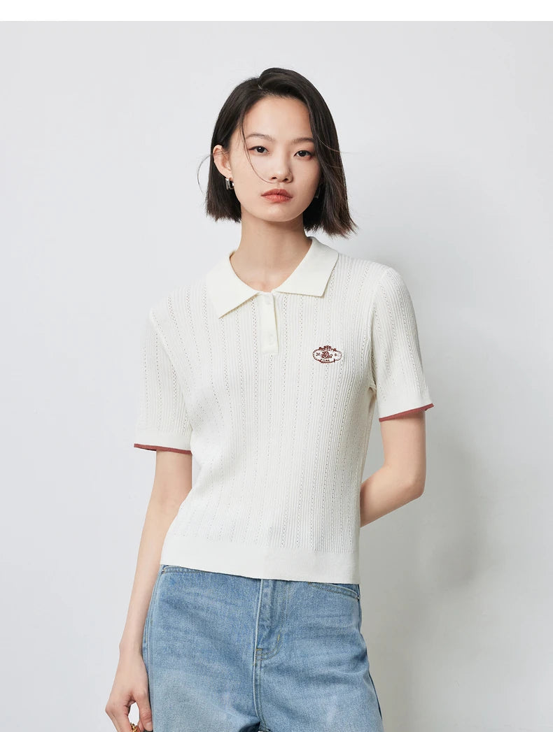 Women's Knitwear Contrast Color Hollow Out Polo Neck Short Sleeve Shirt