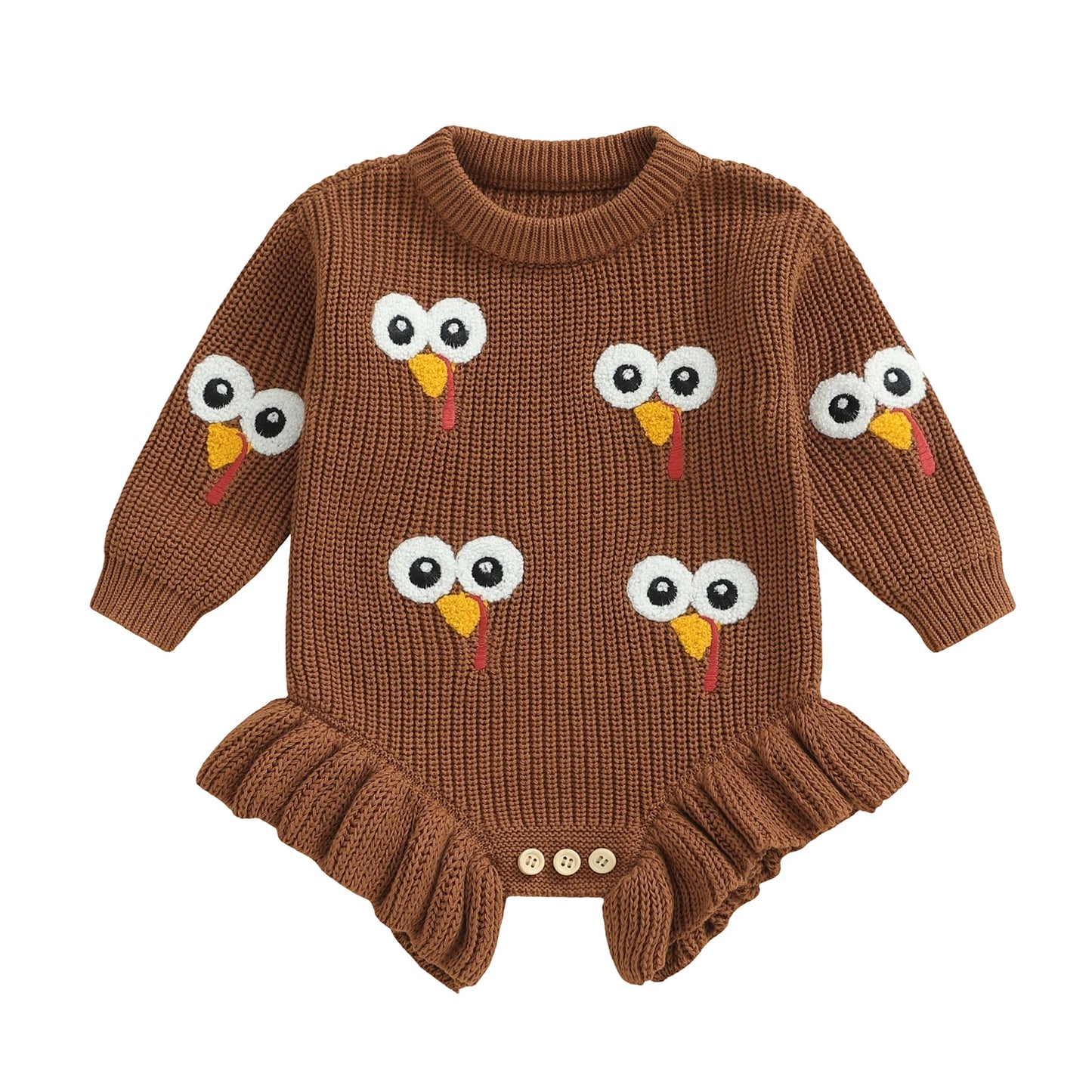 Baby Thanksgiving Knit Romper - Turkey Embroidery Long Sleeve Ruffle Bodysuit Sweater
