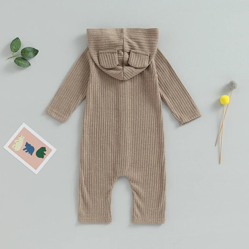 0-12M Autumn Baby Romper - Solid Colour Long Sleeve Hooded Jumpsuit for Boys & Girls