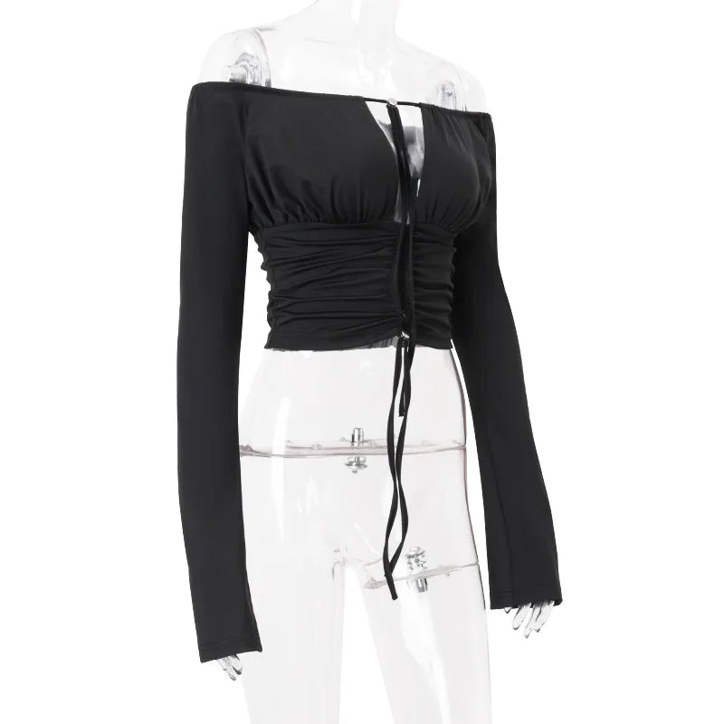 Women's Off Shoulder Tie Front Cropped Top with Cut Out Detail
