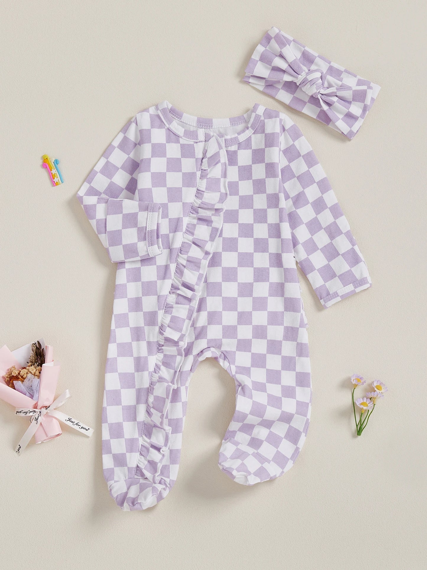 Newborn Baby Footie Set with Headband - Checkerboard Ruffled Zip Front Jumpsuit