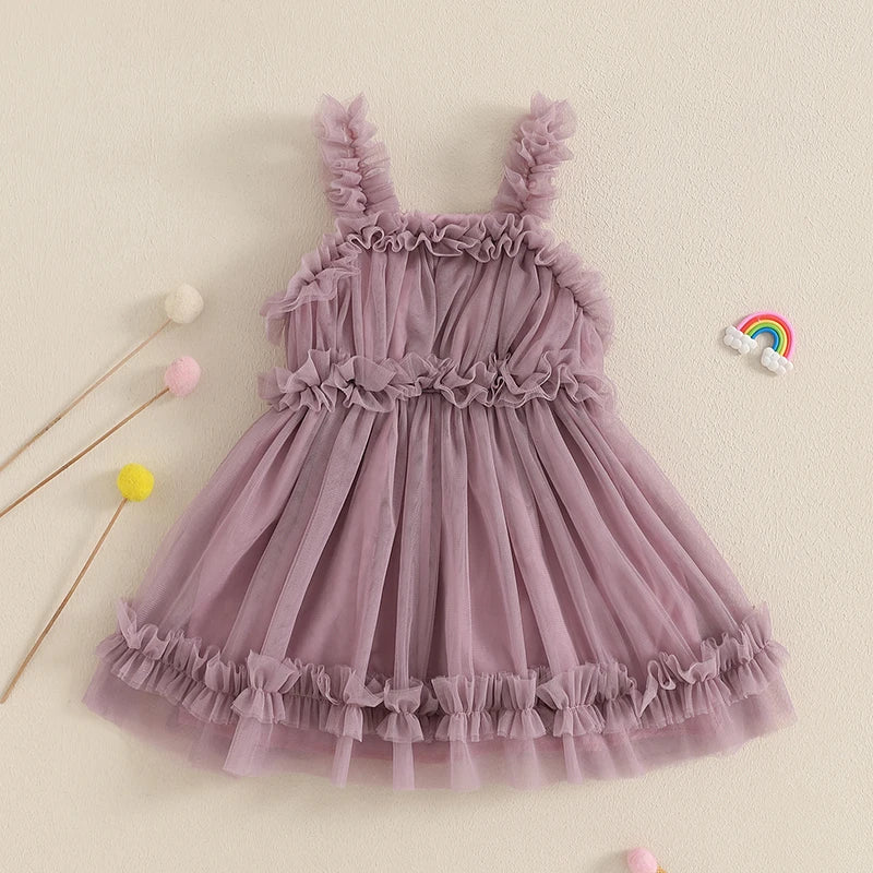 Girls' Summer Princess Dress - Sleeveless Mesh Ruffled Lace Tulle Sundress