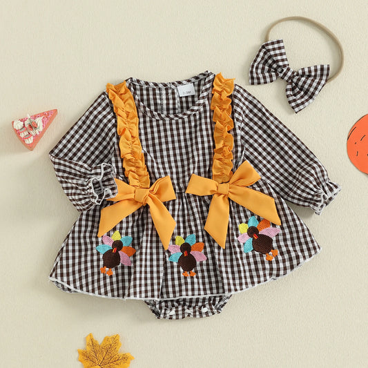 Baby Girls Thanksgiving Romper Dress with Headband - Turkey Plaid Ruffle Long Sleeve Jumpsuit