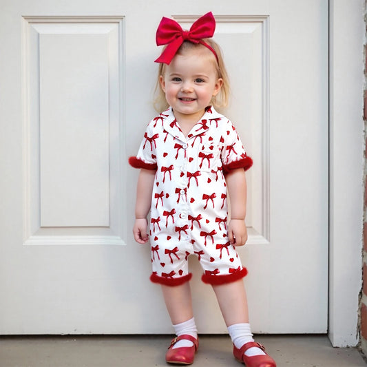 Baby Girls' Satin Romper Pajamas - Bow Print Feather Cuffs Short Sleeve Lapel Jumpsuit