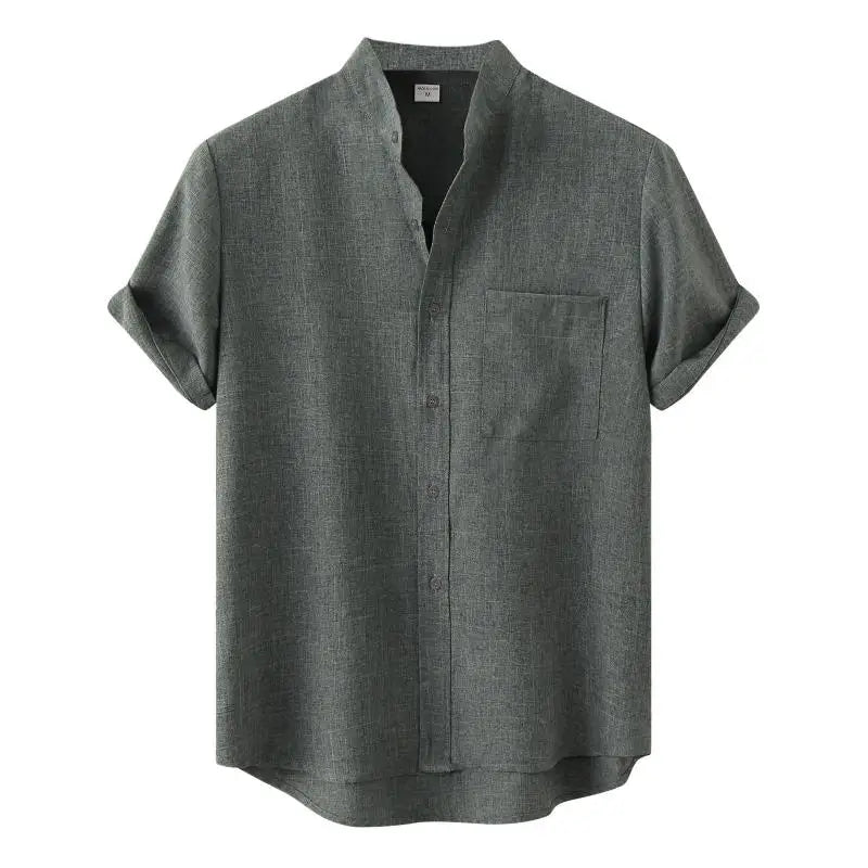 Men's Cotton Linen Short Sleeved Breathable Stand Collar Single Breasted Shirt