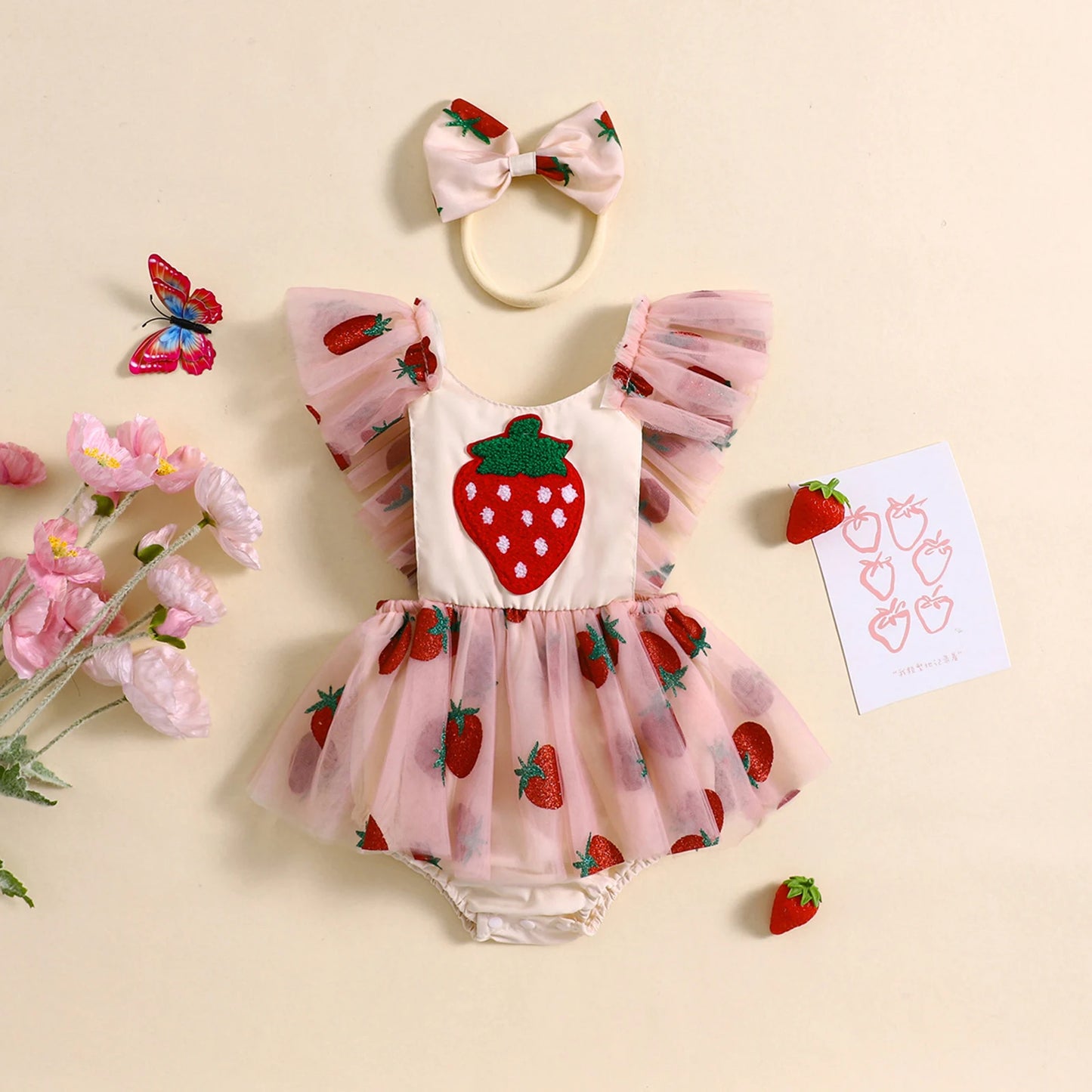 0-18M Princess Baby Girls Summer Romper Dress Strawberry Embroidery Fly Sleeve Mesh Tulle Jumpsuit with Bow Headband