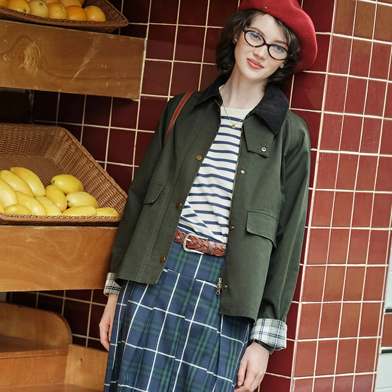 Women's Raglan Sleeve Patchwork Jacket - Loose Fit Retro Chic Autumn Coat