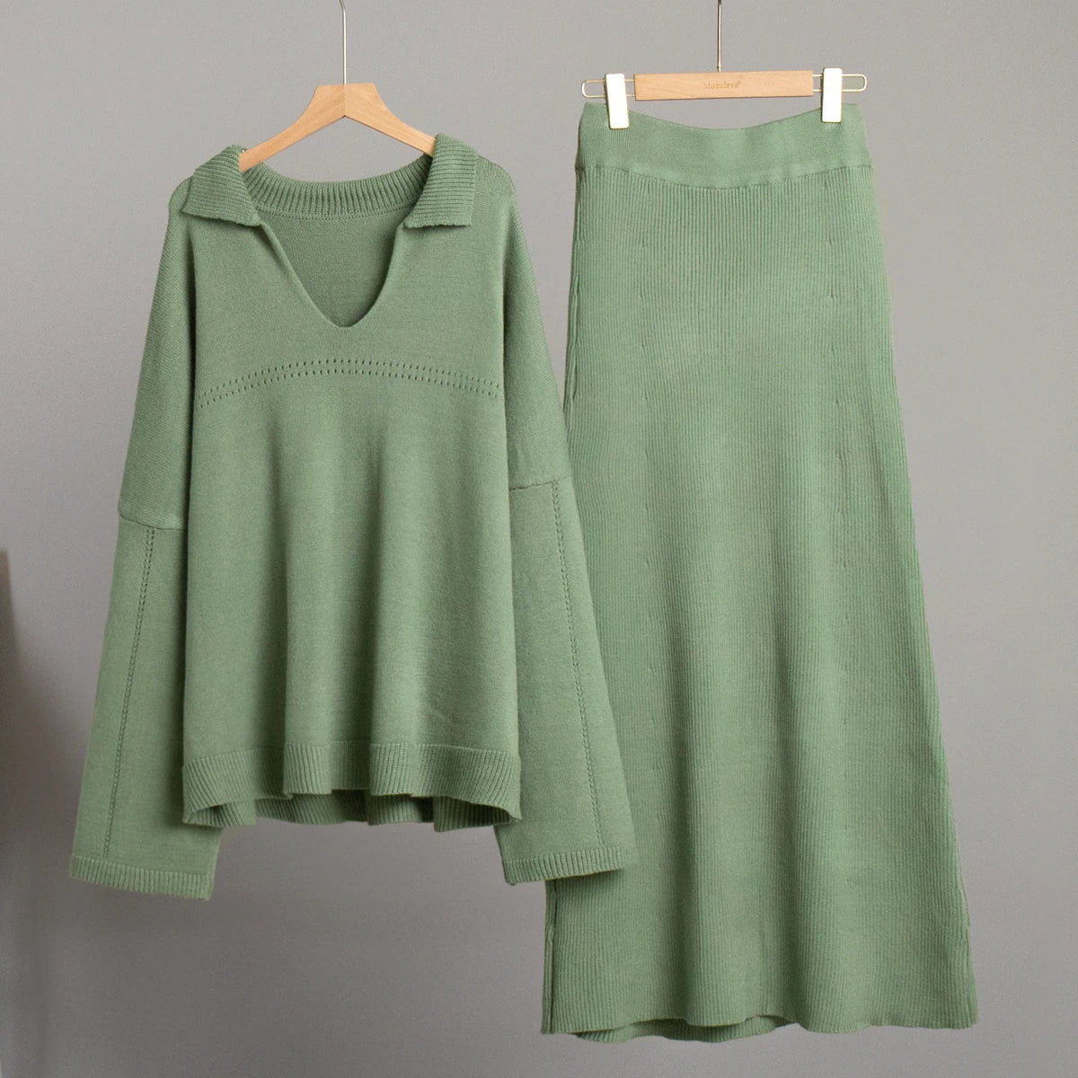 Women's Loose Sweater V-Neck Knit Pullover Top and Long High Waist Skirt 2 Piece Set