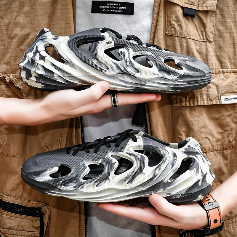 Men's Slippers Camouflage Design Platform Sandals Lace Up Beach Slippers Casual Outdoor Crocs Clogs