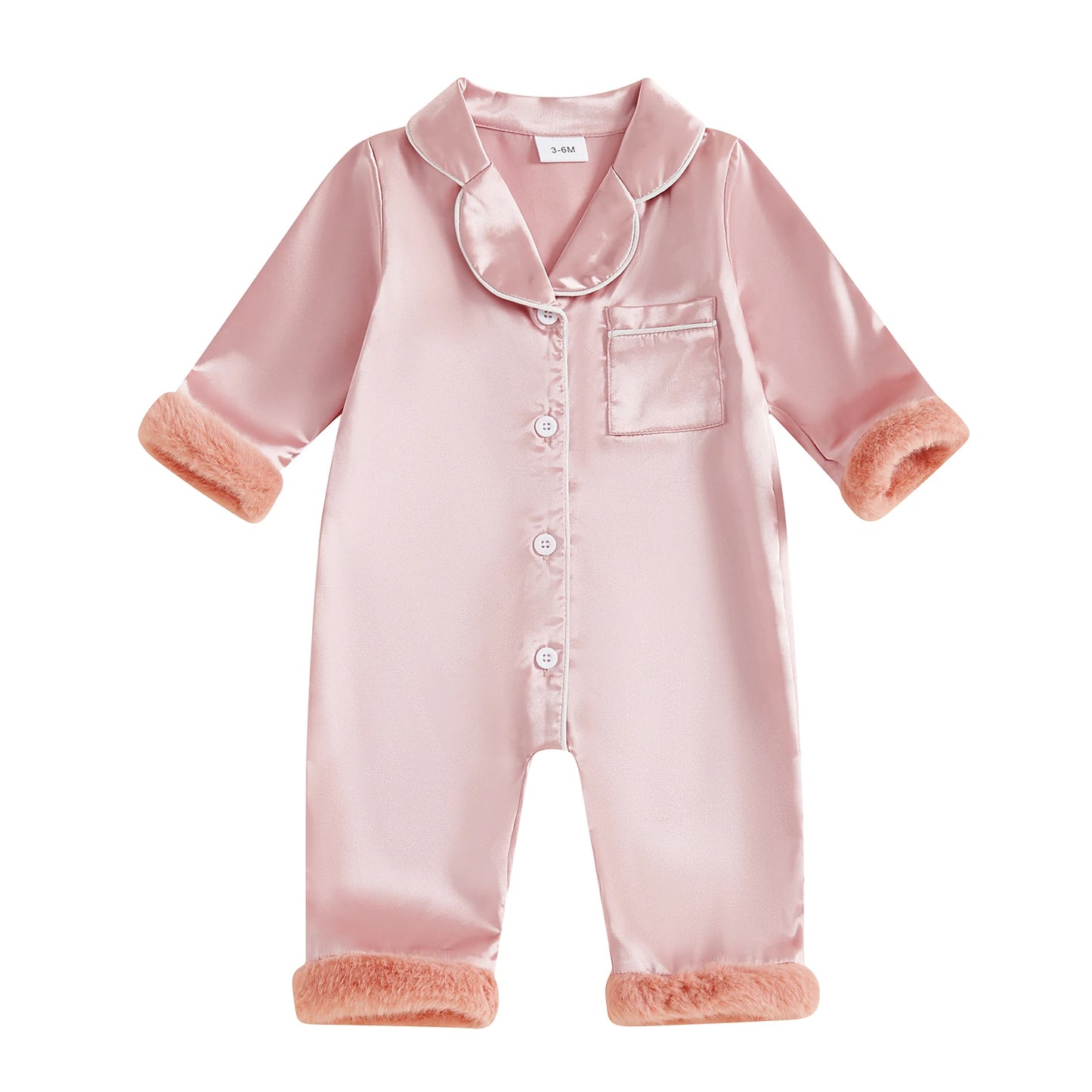 Baby Christmas Pajama Romper - Button Down with Feather Trim Cuffs