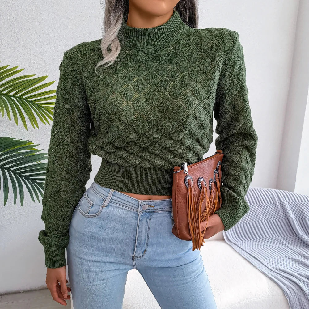 Women's Fall Winter 3D Diamond Cutout Long Sleeve Solid Color Chic Crop Knit Sweater